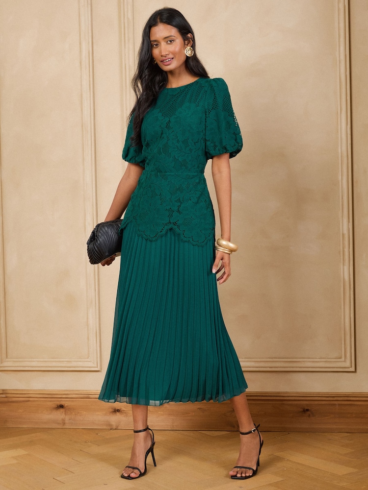 Love & Roses Green Lace Drop Waist Puff Sleeve Midi Dress - Image 1 of 4 Love & Roses Green Lace Drop Waist Puff Sleeve Midi Dress - Image 1 of 4