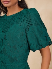 Love & Roses Green Lace Drop Waist Puff Sleeve Midi Dress - Image 2 of 4