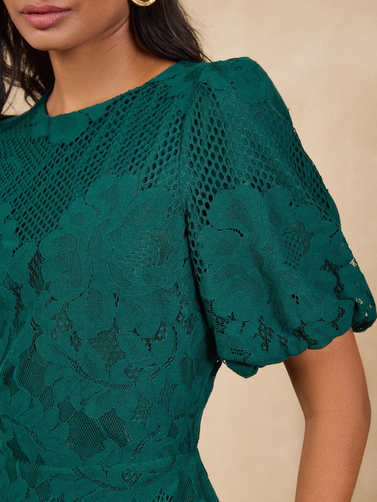 Love & Roses Green Lace Drop Waist Puff Sleeve Midi Dress - Image 2 of 4 Love & Roses Green Lace Drop Waist Puff Sleeve Midi Dress - Image 2 of 4