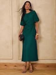 Love & Roses Green Lace Drop Waist Puff Sleeve Midi Dress - Image 3 of 4