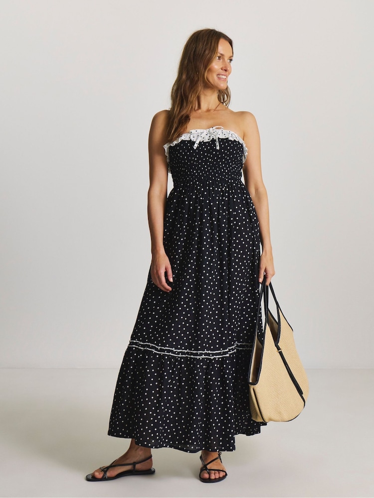 Figleaves Spot Tiered Maxi Bandeau Beach Black Dress - Image 1 of 4 Figleaves Spot Tiered Maxi Bandeau Beach Black Dress - Image 1 of 4