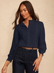 Love & Roses Navy Blue 3/4 Sleeve Broderie Jersey Shirt - Image 1 of 4