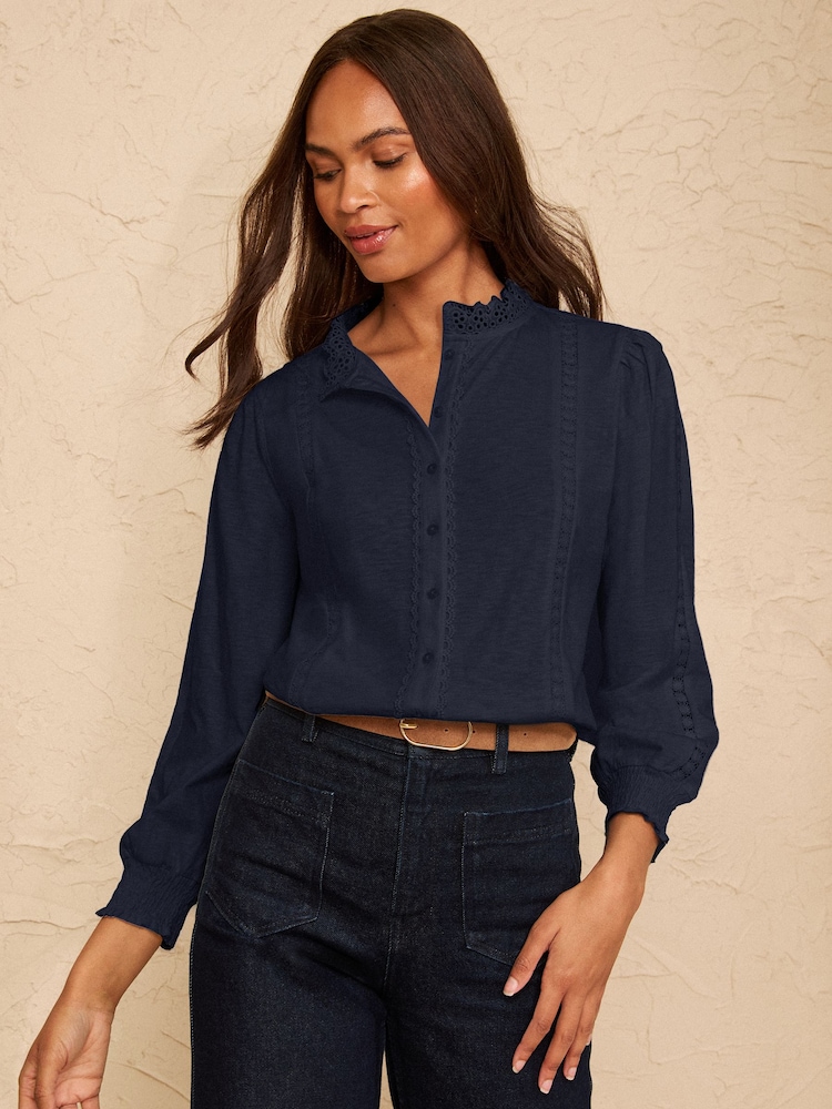 Love & Roses Navy Blue 3/4 Sleeve Broderie Jersey Shirt - Image 1 of 4