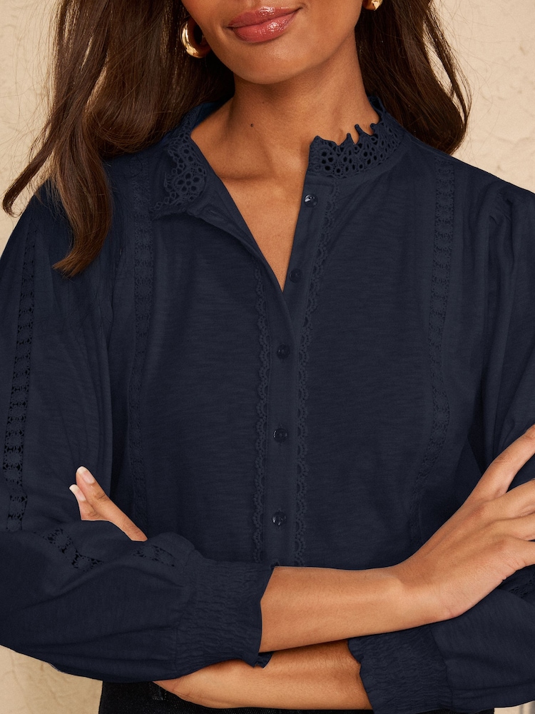 Love & Roses Navy Blue 3/4 Sleeve Broderie Jersey Shirt - Image 2 of 4