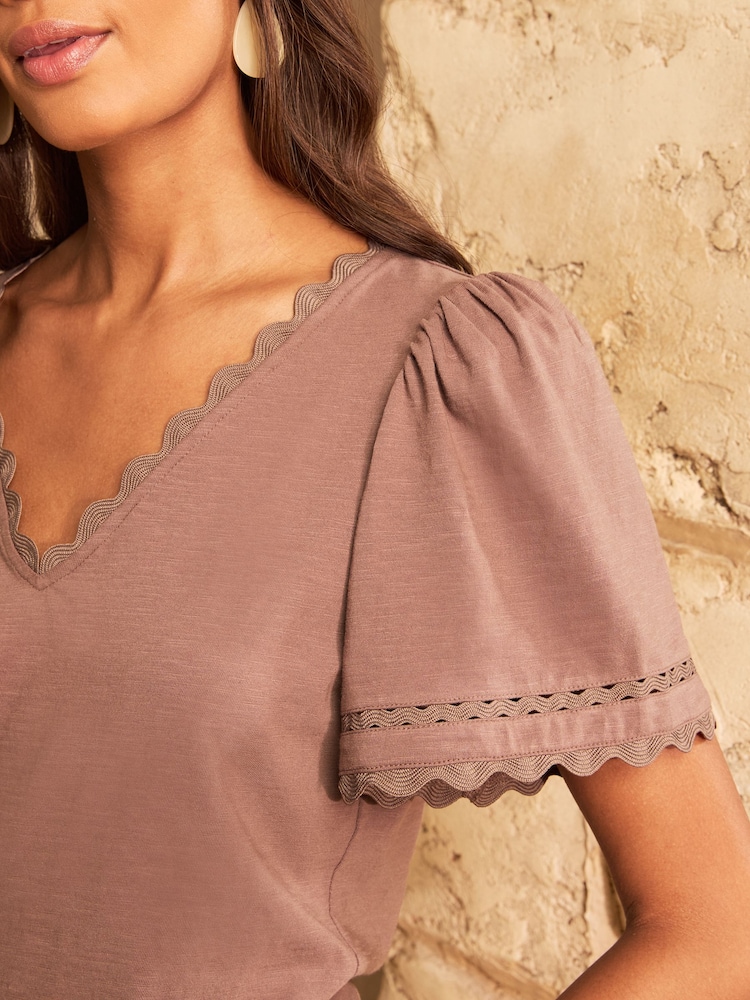 Love & Roses Light Brown Scallop V-Neck T-Shirt - Image 2 of 4 Love & Roses Light Brown Scallop V-Neck T-Shirt - Image 2 of 4