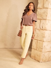 Love & Roses Light Brown Scallop V-Neck T-Shirt - Image 3 of 4