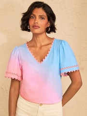 Love & Roses Multicoloured ombre scallop trim Scallop V-Neck T-Shirt - Image 1 of 5