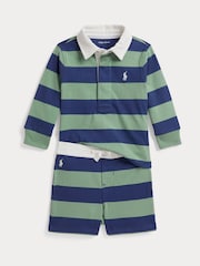 Polo Ralph Lauren Blue Block Stripe Rugby Shirt And Shorts Set - Image 1 of 3