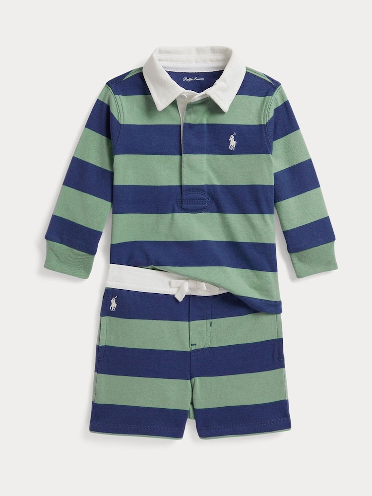 Polo Ralph Lauren Blue Block Stripe Rugby Shirt And Shorts Set - Image 1 of 3