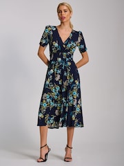 Jolie Moi Navy Floral Short Sleeve Printed Jersey Midi Dress - Image 1 of 6