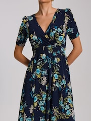 Jolie Moi Navy Floral Short Sleeve Printed Jersey Midi Dress - Image 2 of 6