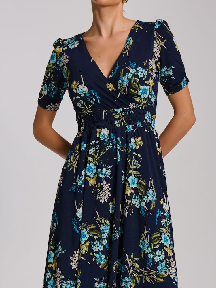 Jolie Moi Navy Floral Short Sleeve Printed Jersey Midi Dress - Image 2 of 6