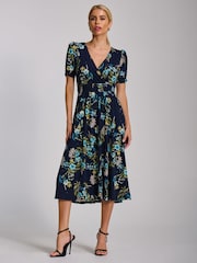 Jolie Moi Navy Floral Short Sleeve Printed Jersey Midi Dress - Image 5 of 6
