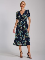 Jolie Moi Navy Floral Short Sleeve Printed Jersey Midi Dress - Image 6 of 6