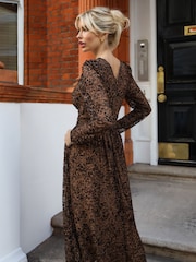 Jolie Moi Brown Long Sleeve Pleated Lace Maxi Dress - Image 2 of 6