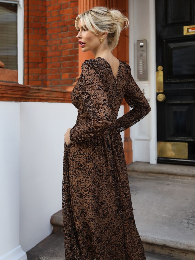 Jolie Moi Brown Long Sleeve Pleated Lace Maxi Dress - Image 2 of 6