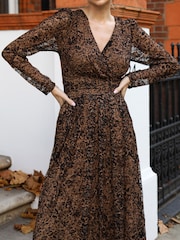 Jolie Moi Brown Long Sleeve Pleated Lace Maxi Dress - Image 3 of 6