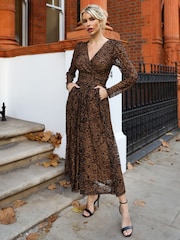 Jolie Moi Brown Long Sleeve Pleated Lace Maxi Dress - Image 5 of 6