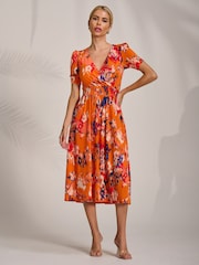 Jolie Moi Orange Short Sleeve Printed Jersey Midi Dress - Image 1 of 6
