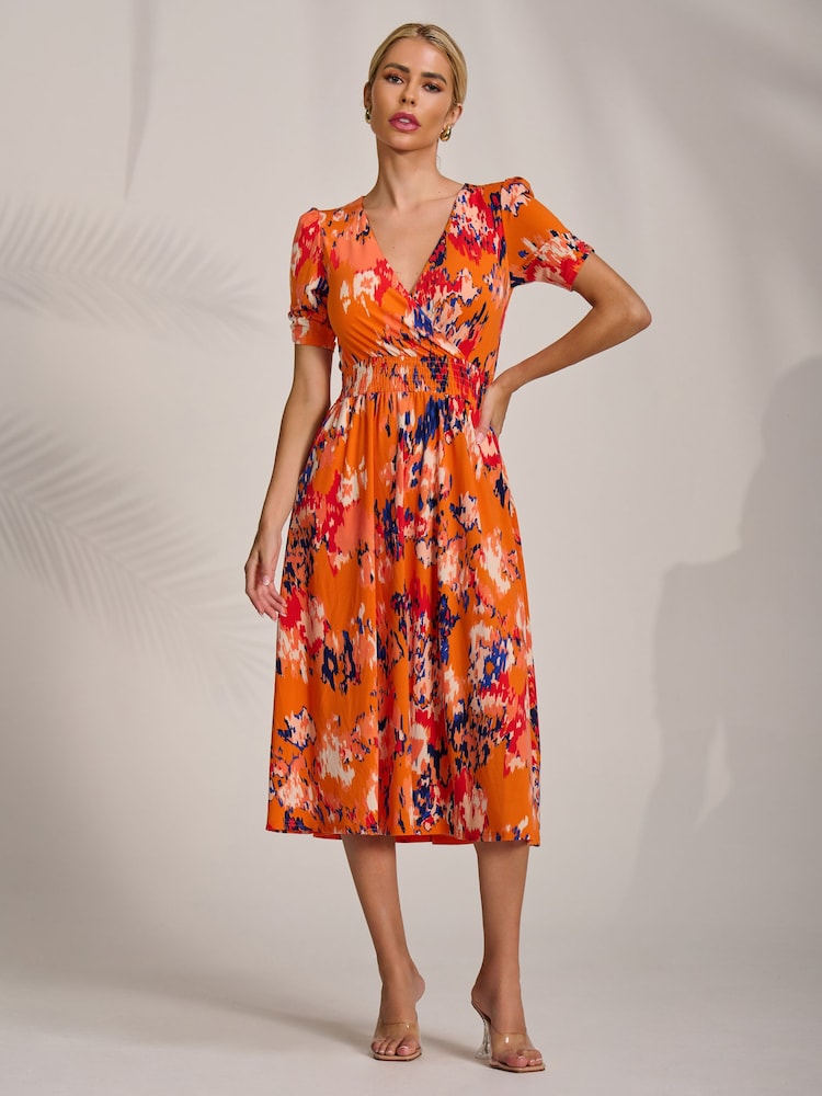 Jolie Moi Orange Short Sleeve Printed Jersey Midi Dress - Image 1 of 6