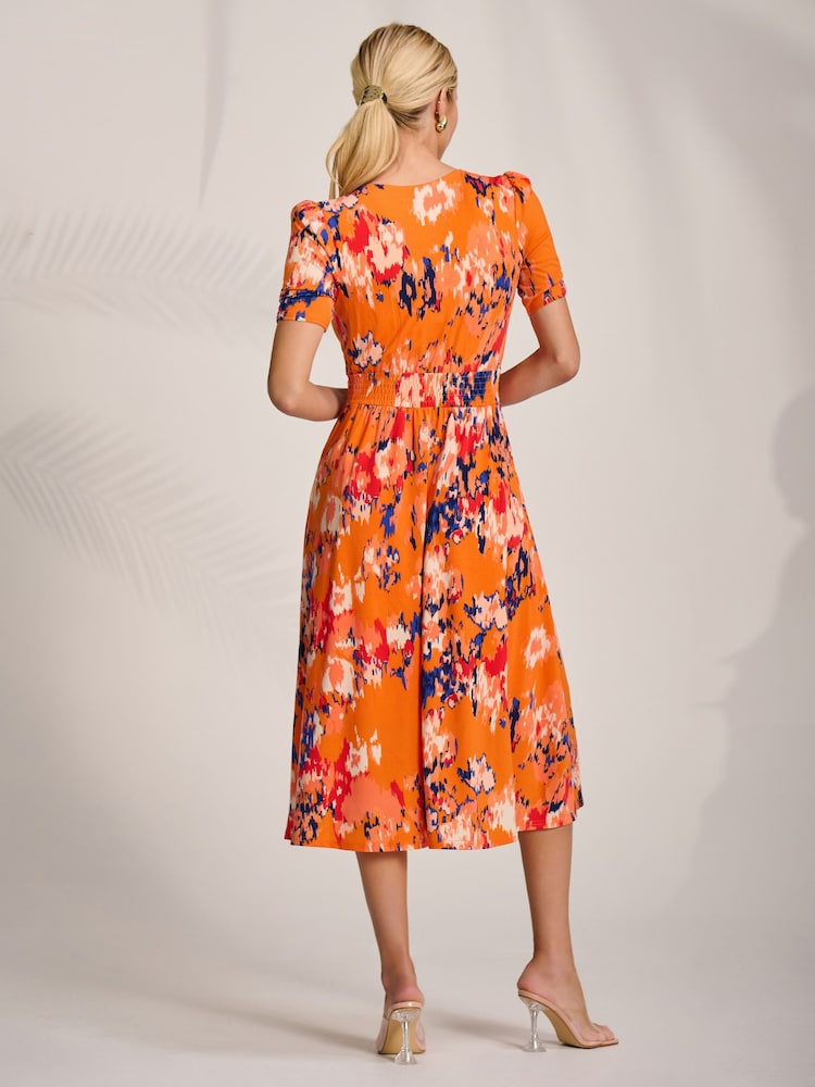 Jolie Moi Orange Short Sleeve Printed Jersey Midi Dress - Image 2 of 6