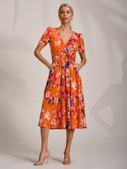 Jolie Moi Orange Short Sleeve Printed Jersey Midi Dress - Image 4 of 6