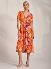 Jolie Moi Orange Short Sleeve Printed Jersey Midi Dress - Image 6 of 6