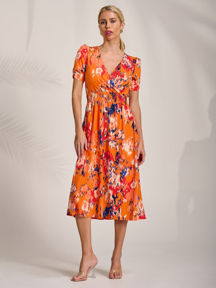 Jolie Moi Orange Short Sleeve Printed Jersey Midi Dress - Image 6 of 6