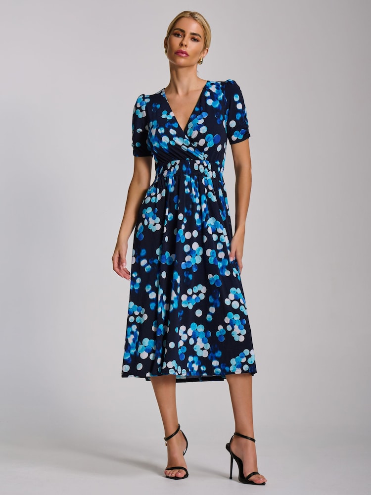 Jolie Moi Blue Short Sleeve Printed Jersey Midi Dress - Image 1 of 6