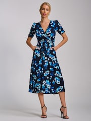 Jolie Moi Blue Short Sleeve Printed Jersey Midi Dress - Image 4 of 6