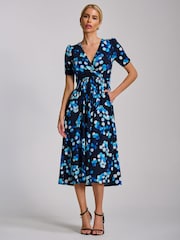 Jolie Moi Blue Short Sleeve Printed Jersey Midi Dress - Image 6 of 6