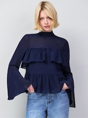 Ro&Zo Navy Blue Frill Detail Chiffon Blouse - Image 1 of 6