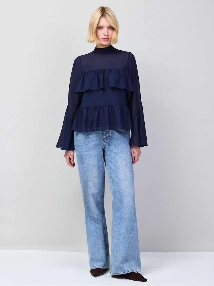 Ro&Zo Navy Blue Frill Detail Chiffon Blouse - Image 2 of 6