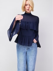 Ro&Zo Navy Blue Frill Detail Chiffon Blouse - Image 3 of 6