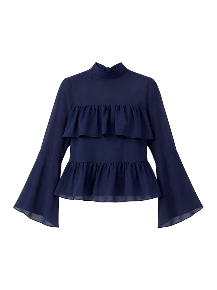Ro&Zo Navy Blue Frill Detail Chiffon Blouse - Image 6 of 6