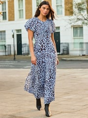 Ro&Zo Blue Petite Leopard Print Button Detail Dress - Image 1 of 6