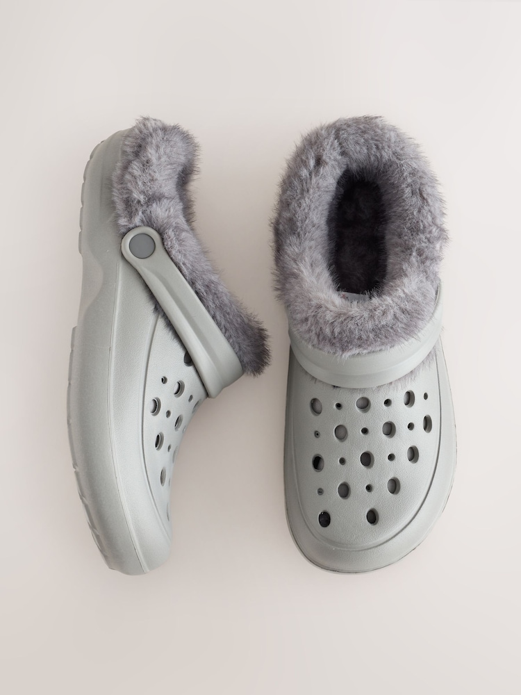 Grey Clog Faux Fur Lined Slippers With Back Strap - Image 1 of 5