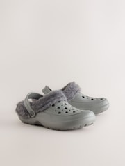 Grey Clog Faux Fur Lined Slippers With Back Strap - Image 2 of 5