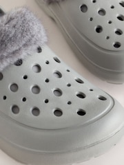 Grey Clog Faux Fur Lined Slippers With Back Strap - Image 4 of 5