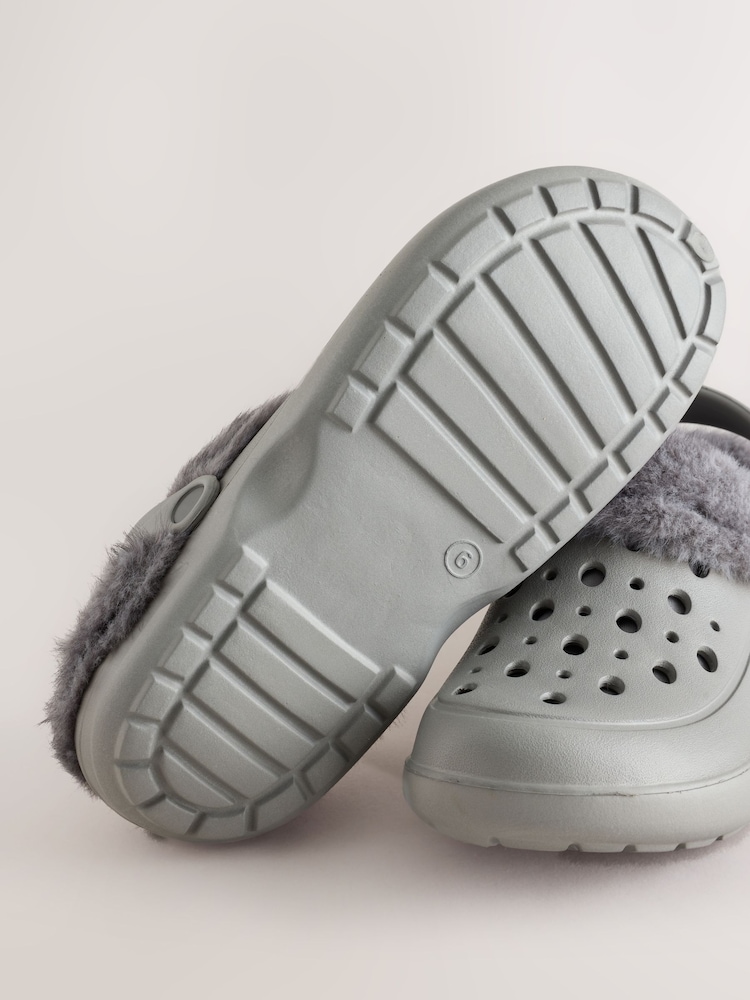 Grey Clog Faux Fur Lined Slippers With Back Strap - Image 5 of 5