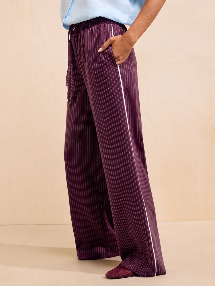 Friends Like These Burgundy Red Pinstripe Elasticated Waist Wide Leg Trousers - Image 1 of 5 Friends Like These Burgundy Red Pinstripe Elasticated Waist Wide Leg Trousers - Image 1 of 5