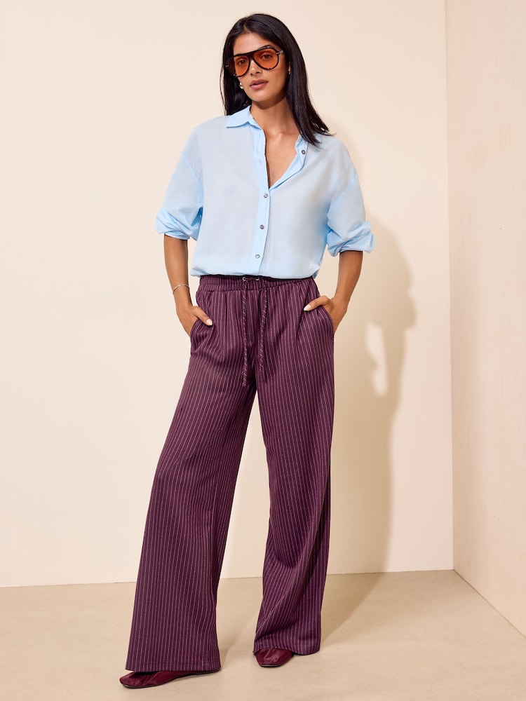 Friends Like These Burgundy Red Pinstripe Elasticated Waist Wide Leg Trousers - Image 2 of 5 Friends Like These Burgundy Red Pinstripe Elasticated Waist Wide Leg Trousers - Image 2 of 5