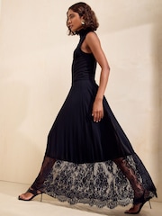 Friends Like These Black Lace Hem Pleated Chiffon Midi Skirt - Image 1 of 5