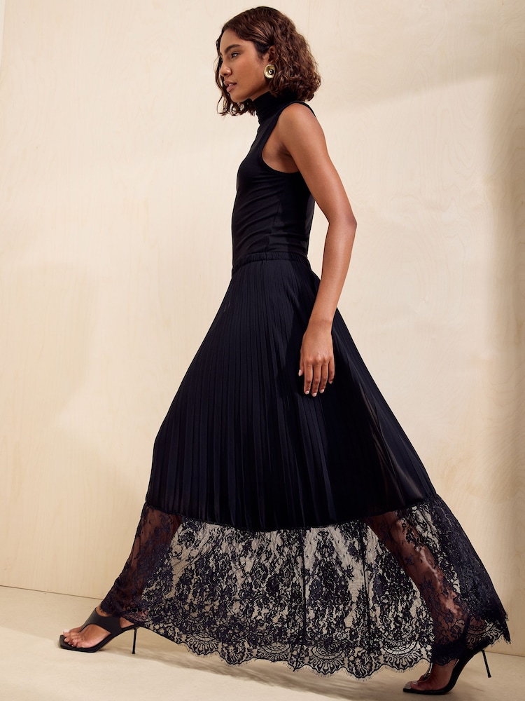 Friends Like These Black Lace Hem Pleated Chiffon Midi Skirt - Image 1 of 5 Friends Like These Black Lace Hem Pleated Chiffon Midi Skirt - Image 1 of 5