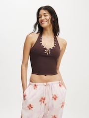 Cotton On Brown Bailey Button Halter Top - Image 1 of 4