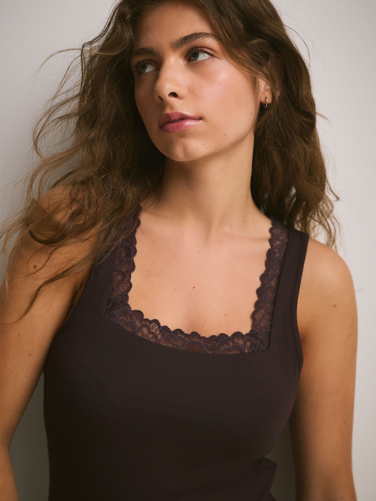 Choklad Brun - Hidden Support Lace Trim Thermal Tencel Modal Base Layer Bra Top Vest - Bild 2 av 7