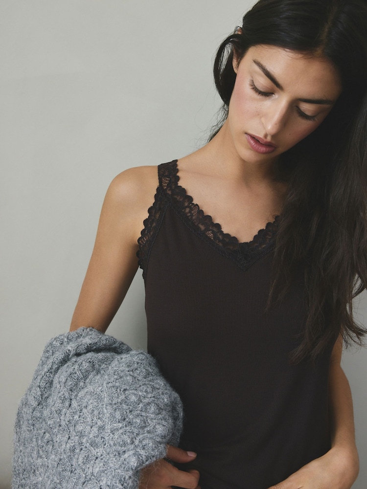 Chocolate Brown Thermal Base Layer Lace Trim Vest - Image 1 of 7 Chocolate Brown Thermal Base Layer Lace Trim Vest - Image 1 of 7