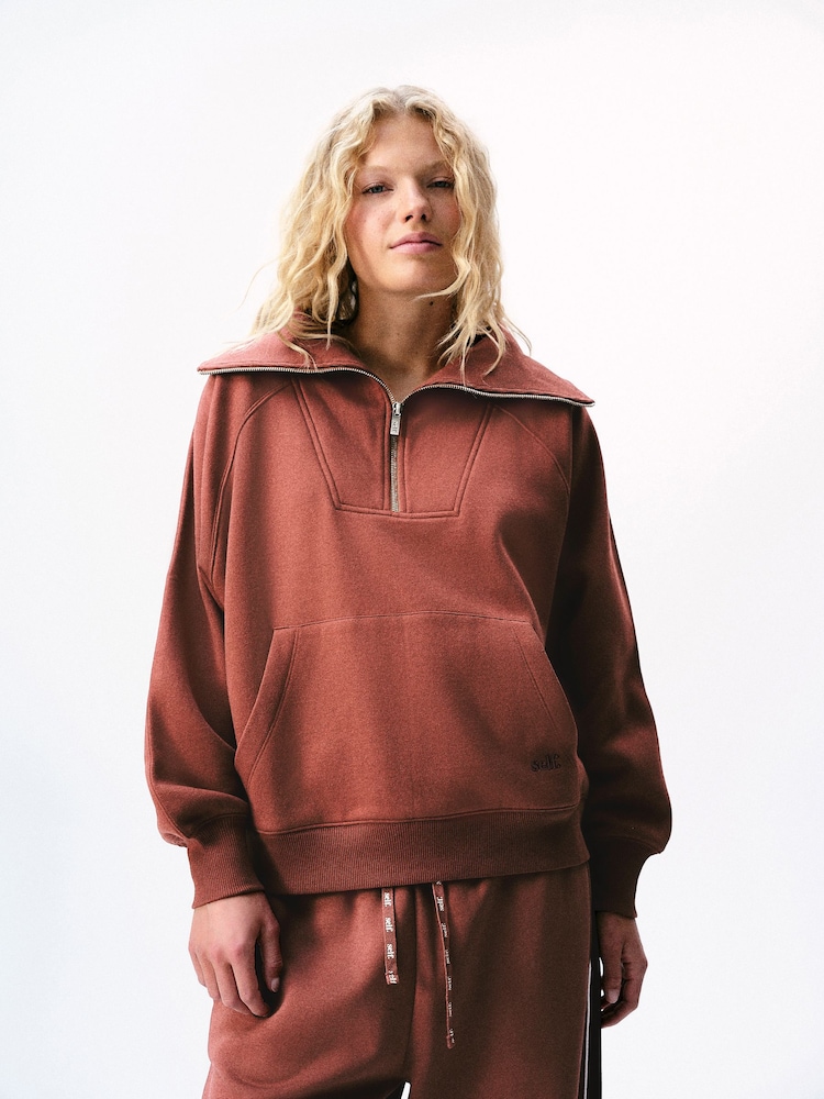 self. Rust Brown Half Zip Sweatshirt - Image 1 of 8