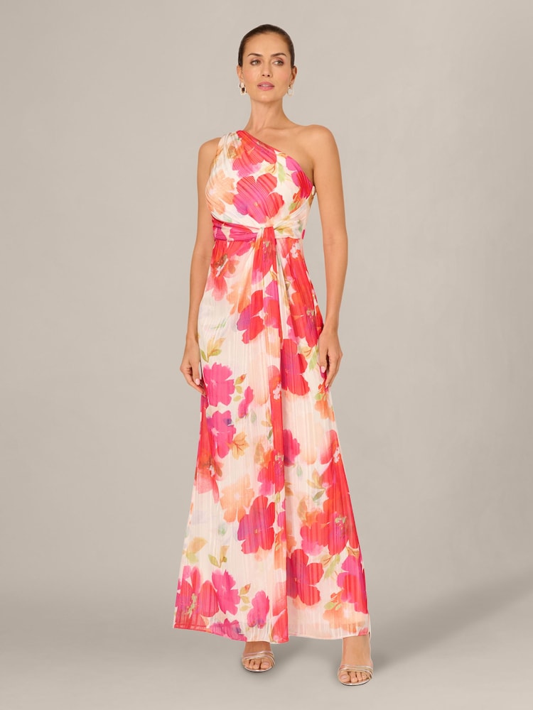 Adrianna Papell Pink One Shoulder Chiffon Gown - Image 1 of 6 Adrianna Papell Pink One Shoulder Chiffon Gown - Image 1 of 6
