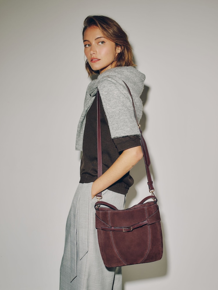 Burgundy Red Suede Belted Messenger Hand Held Bag - Image 1 of 9 Burgundy Red Suede Belted Messenger Hand Held Bag - Image 1 of 9